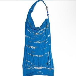 Blue Metallic Stripe Halter Top